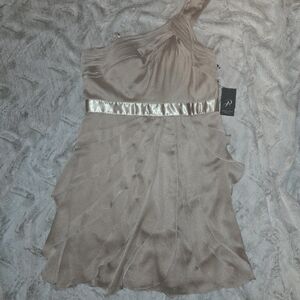 NWT Adrianna Papell Champagne One Shoulder Draped Flutter Formal Dress 14